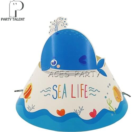 Party Supplies 8pcs For Kids Children Sea Life Marine Animals Whale Theme Decoration Birthday Cap Hat With Elastic Band