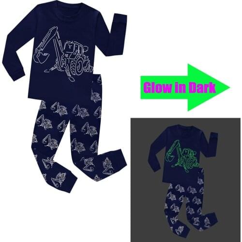 Baby Boys Excavator Cartoon Pajamas Sets Kids Pyjamas Glow in the Dark Children Digger Sleepwears Nightwear Child Pyjama Suits