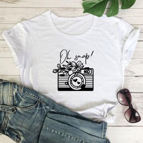 Oh Snap 100% Cotton T-shirt Aesthetic Floral Camera Tshirt Camiseta Trendy Women Graphic Boho Photography Top Tee Shirt