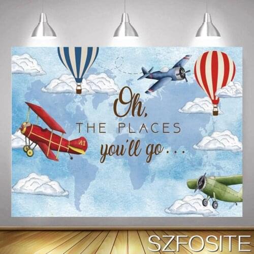 Blue Sky Aircraft Flying Boy Hot Air Bballoon Backdrop Kids Room Decorative Wall Cloth Photography Photo Custom Vinyl Background