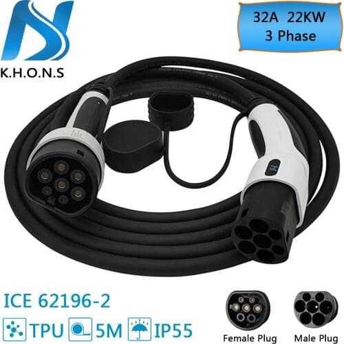KHONS 5Meters EV Charging Cable 32A 22KW 3Phase Portable Charger For Car Charger Station Type 2 Female to Male Plug IEC 62196
