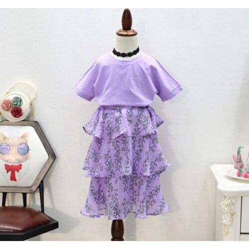 Girls Sets 2020 Summer New Childrens Clothing Girls Fashion Cross Short-Sleeved T-Shirt + Floral Cake Skirt Two-Piece Suit
