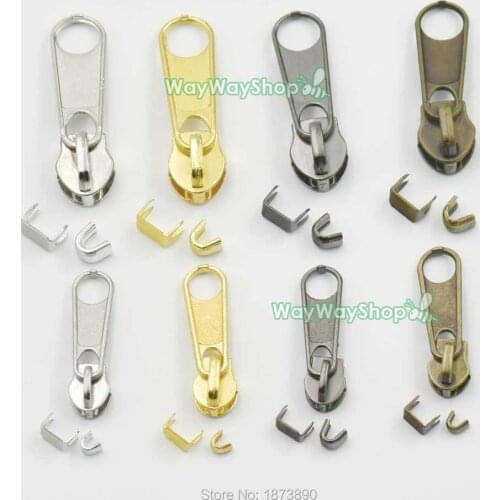 20 sets Molded Zipper Puller Slider Pull #5 #3 Stoppers Bottom Repair Replace Kit Stop ZP22 Nickle Bronze Gold Black Mix-color
