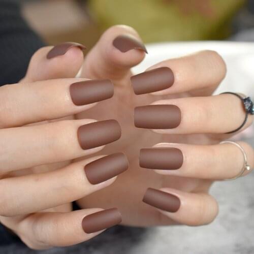 Matte Coffee Brown Square Head False Nails Middle-long Full Cover Chocolate Fake Nail Acrylic Nail Tips Fuax Ongles Finger Art