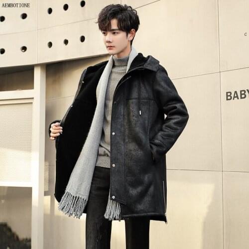 New Mens Long Chamois Leather Coat Raccoon Collar Men Leather Jacket Wool Liner Fur Outerwear Mens Winter Shearling Coats