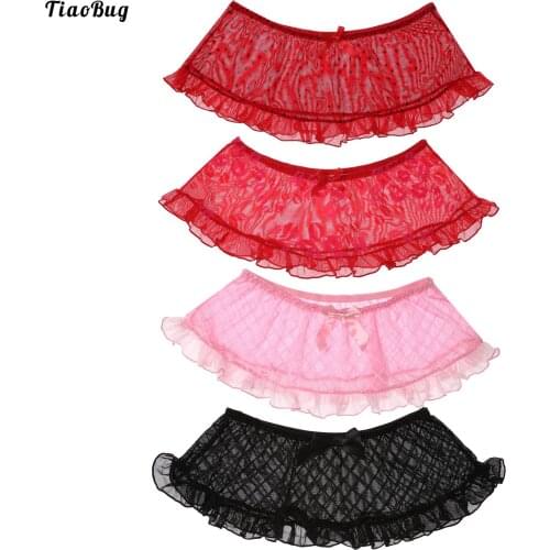 TiaoBug Men Lip/Dots/Plaid Pattern See-Through Mesh Skirt Sissy Gay Underwear Lingerie Nightwear Ruffles Miniskirt