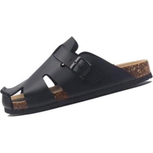 New Summer Shoes Men Flat Buckle Cork Slipper Cut-outs Shoes Man Leather Fashion Beach Outside Non-slip Closed Toe Slides 35-45