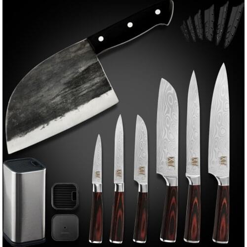 Kitchen Knives Set Stainless Steel With Knife Stand Storage 7'' INCH Serbian Chef Butcher Knife Wood Handle Cooking Tool