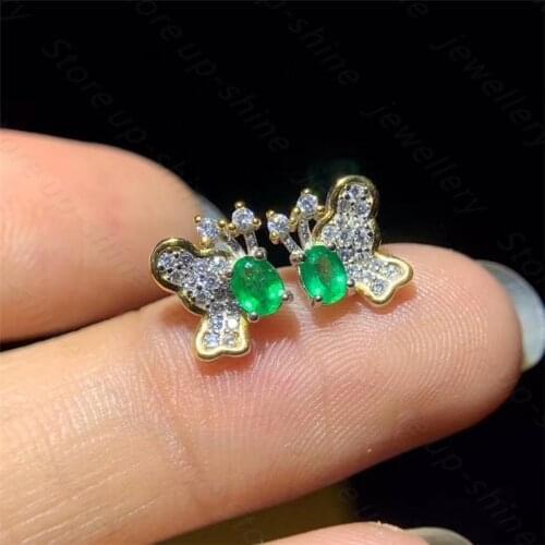 New natural emerald earrings 925 silver two-color electroplating process butterfly style main stone size 3x4mm