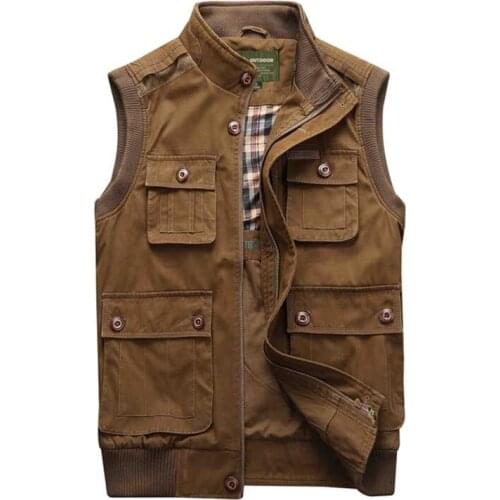 Autumn Winter Fashion Vest Waistcoat Cotton Men Casual Vest Many Pocket Sleeveless Jackets Stand Colloar Bomber Vest Plus Size