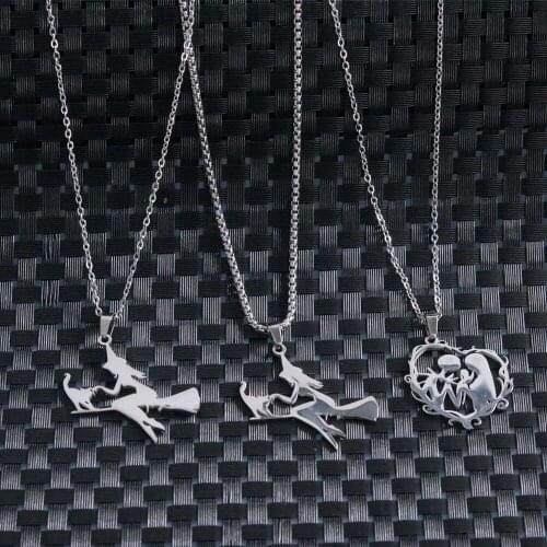 Broom Cat Shape Stainless Steel Necklace For Women Silver Color Necklaces & Pendants Witch Style