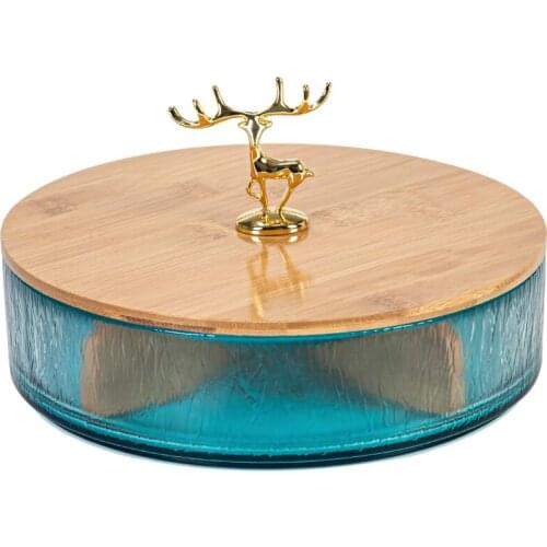 Fawn Glass Dried Fruit Plate Snack Storage Box with Wooden Lid Home Desktop Decoration Ornaments Snack Compartment Sealed Box