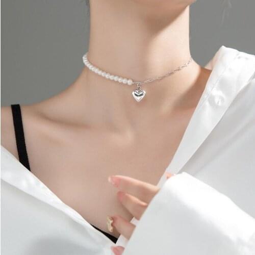 Silver Heart Necklaces 925 Sterling Silver Pendants Necklaces with Pearl