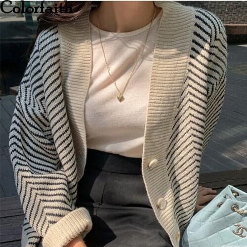 Colorfaith 2021 Womens Knitwear Winter Spring Striped V-Neck Cardigans Buttons Oversize Korean Style Lady Sweaters Tops SWC3033