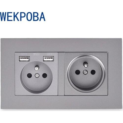 WEKPOBA Grey PC Panel Hidden Soft LED Indicator 1/2 Gang French Standard Wall Socket With 2.1A 2/4 USB Charge Port