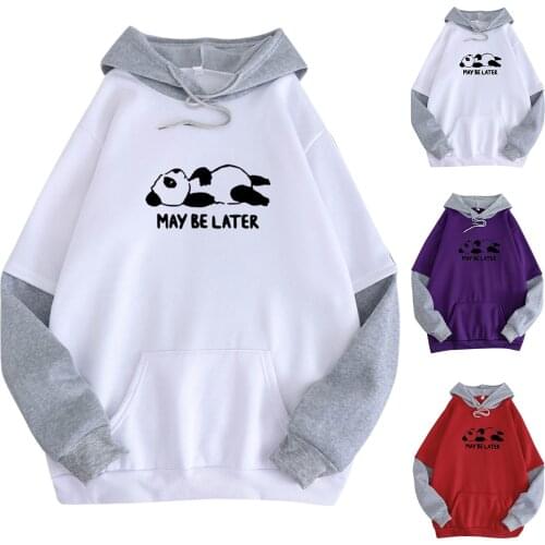 Womens Hoodies Stitching Kawaii Panda Printed Plus Velvet Long-sleeve Hooded Sweatshirt Top Harajuku Plus Size Elegant Hoodies