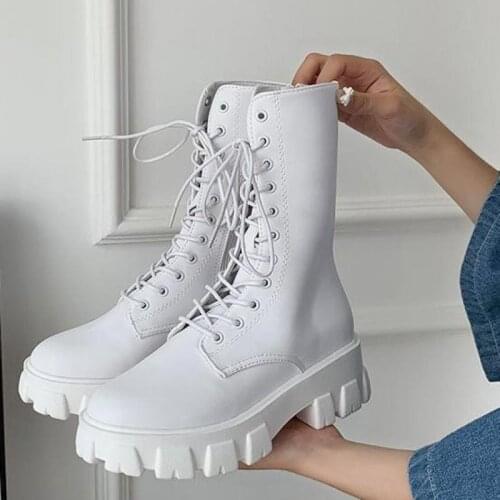 2021 New Mid Calf Boots Women Shoes Autumn Winter Boots Fashion Lace-up Zipper Botas Mujer Sports Platform Heel Ladies Shoes