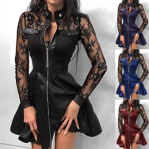 Women Sexy Lace Sheer Long Sleeve Buttons Zipper Faux Leather Party Mini Dress