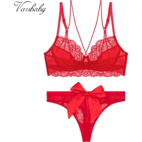 Varsbaby women Beautiful bra bowknot panties sexy thin unlined 3/4 cup underwear floral lace bra set