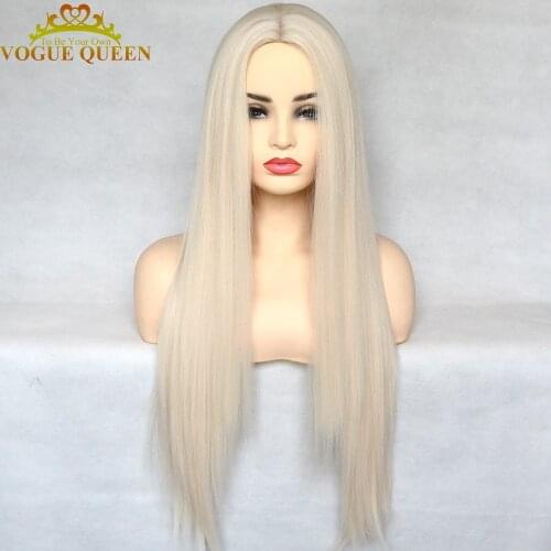 Vogue Queen Platinum Blonde Synthetic Full Machine Made Wigs Skily Straight Heat Resistant Fiber Wigs Cosplay For Women