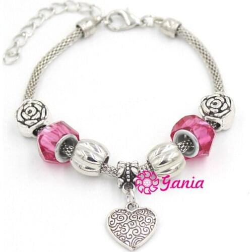 10PCS/Lot Wholesale women bracelet Ruropean Rose Bead Heart Charm Bracelet women for Valentines Day Gift Pulsera Bijoux