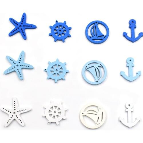 30pcs Mix Multi Shape Decorative Craft Buttons Wooden Painting Sea Sailor Anchor Pirate Ship Series Button DIY Handmade Supplies