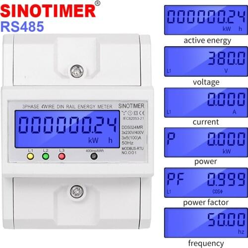 4P Three Phase RS485 Modbus Digital Backlight Voltmeter Ammeter Wattmeter AC 380V 80A Electricity Meter DIN Rail Installation