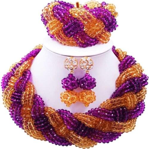 ACZUV Purple Gold African Beads Nigeria Traditional Wedding Jewelry Sets 12C-004