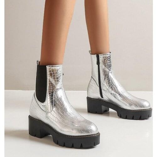 Black Silver Yellow Fashion Women Boots Thick-soled High Heels Ankle Boots Autumn Winter Zipper Motorcycle womens Shoes 2020