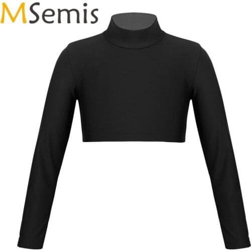 Kids Girls Ballet Crop Top Swimsuit For Gymnastics Polo Neck Crop Top for Dancing Stage Performance Workout Long Sleeves Tops