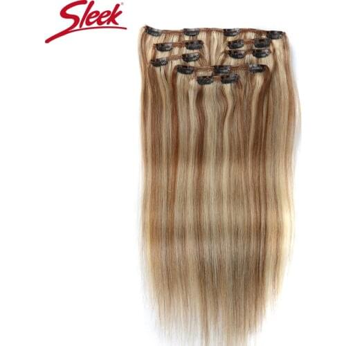 Sleek Hair 7Pcs Clip in p27/613# Human Hair Extensions Brazilian Striaght Honey Blonde #P6/613 Color Remy Hair Extension Clip
