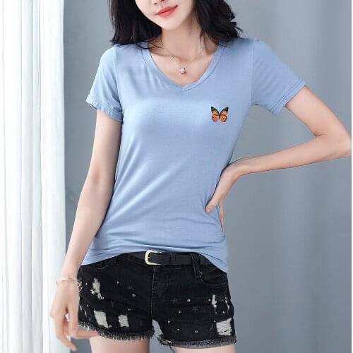 Butterfly Print Cotton T Shirt Short Sleeve Top V-neck Print T-shirt Summer Literary Fresh Clothes Aesthetic Slim Basic Tee