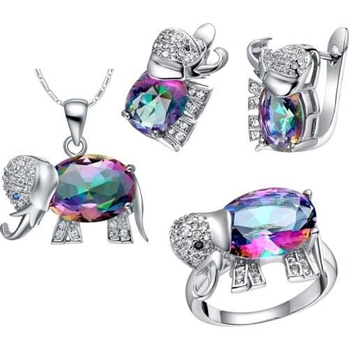 Women Jewelry Set Alloy Rainbow Elephant Pendant Necklace Earrings Ring Jewelry Wedding Girl Birthday Gift