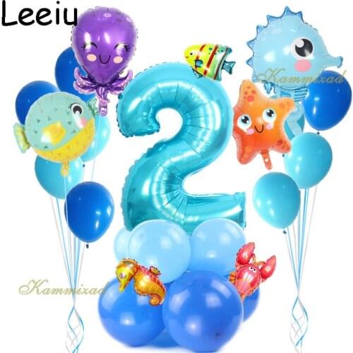 Leeiu Ocean World Sea Animal Balloons Set Happy 1 2 3 Years Birthday Party Decoration Mermaid Sea Themes Baby Shower Foil Ballon