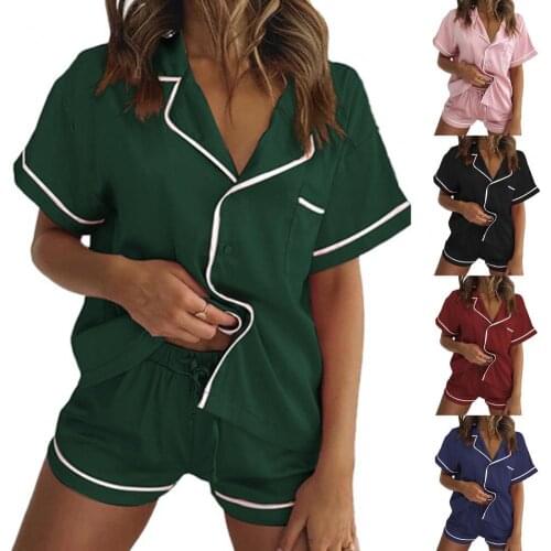 Pajamas Short Sleeve Drawstring Two Pieces Set Loungewear Turn Down Collar T-shirt Shorts Homewear Set for Summer