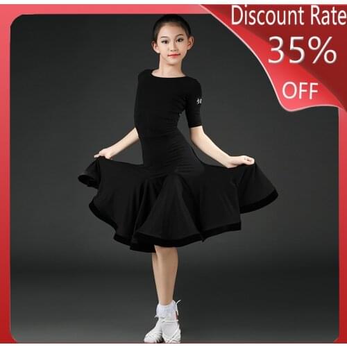 New Latin Dance Competition Dresses Black Robe Danse Salsa Dress Cha Cha Rumba Samba Tango Latin Practice Dress Children DQS3870