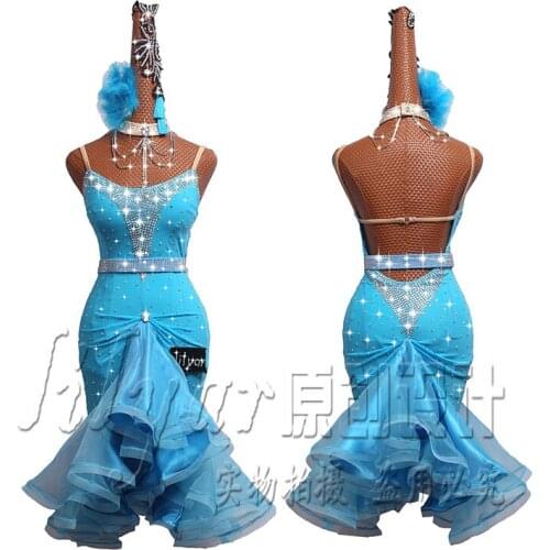 Customized Latin Dance Competition Dress Performance Dress Lake Blue Hip-wrapped Pleated Fishbone Skirt