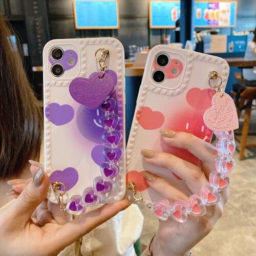 3D Smiley Love Heart Bracelet Phone Case For iPhone 12 11 Pro Max 7 8 Plus XSMAX XR XS 13 Pro Silicon Hanging Chain Capa Cover