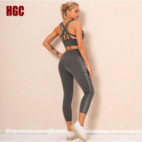 HGC Sport Leggings Yoga Set Woman 2 Piece Gym Clothes Elastic Nylon Fitness Suit Bra Push-up Top Workout Sexy Running Sportwear