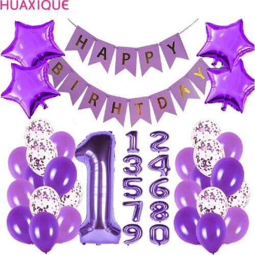 Purple Party Decor Kit Birthday Party Decorations Happy Birthday Banner Purple Confetti Balloons Number Balloon Arch Garlan