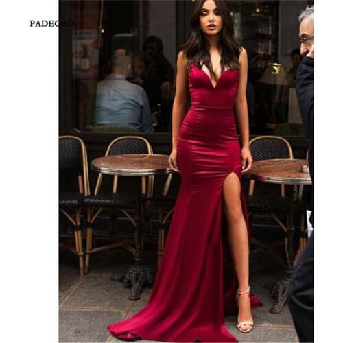 Hot Red Burgundy Evening Dresses Mermaid Long Party Dress Sexy V Neck Side Split Floor Length Sleeveless Evening Dress