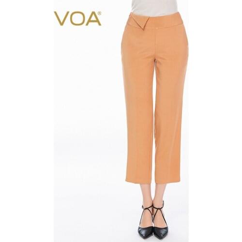 VOA 36MM Elastic Heavy Crepe Natural Waist Zipper Asymmetric Loose-Leaf Diagonal Plug Pocket Simple Straight Capri-Pants KE150