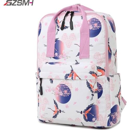 Waterproof Students School Bags Crane Printing White Woman Backpacks Bookbags School Supplies University Bag Kawaii for Girls