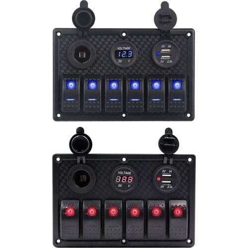Waterproof Digital Voltmeter Dual USB Port 12V 24V Outlet Combination Car LED Rocker Switch Panel for Marine Boat Car Truck