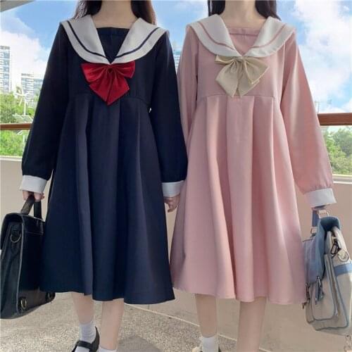 OLOMLB Japanese New Sweet Soft Girl Dress Cute Sailor Collar Red Bow Full Sleeve Dresses Vintage Mid-Length Long Sleeves Dress