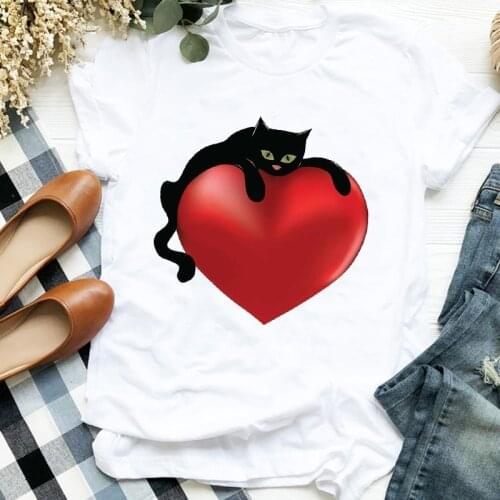 FIXSYS Womens Clothes Women T-shirt Black Cat Red Heart Casual Cartoon 90s Element Graphic T-shirt Womens Top T-shirt
