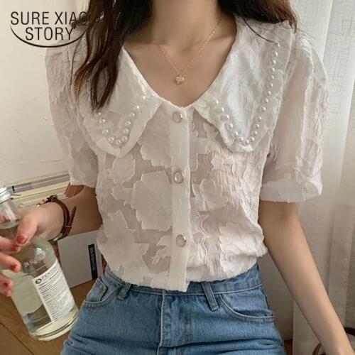 Korean Style Knitted Lace Blouse Women Doll Collar Retro Beading Womens Shirt Sweet Female Fashion Puff Sleeve Top Blusas 15431