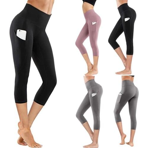 Yoga Pants Women with Pocket Solid High Waist Cropped Trousers Gym Leggings Pants Summer Female Fitness Pants Jogging Tights