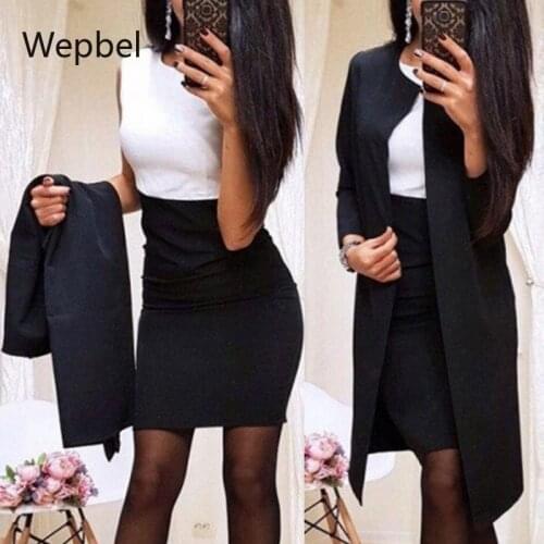 Wepbel High Waist Dresses Sets Stitching Business Women Dress Suits Solid Color Cardigan Blazer Sets Long Coat Sets