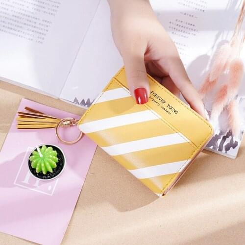 Women Short Soft Leather Clutch Korean Version Contrast Color Stitching Ladies Wallet Large Capacity Zipper Tassel Female Purse